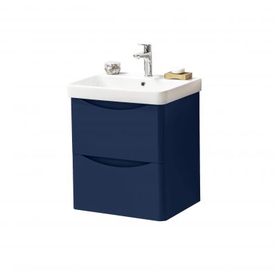 Cayo 600 wall mounted 2 drawer unit and Ceramic basin blue