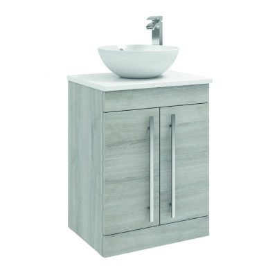 Purity  Grey Ash 600 2 Door Free Standing Unit with Ceramic worktop and sit on Basin